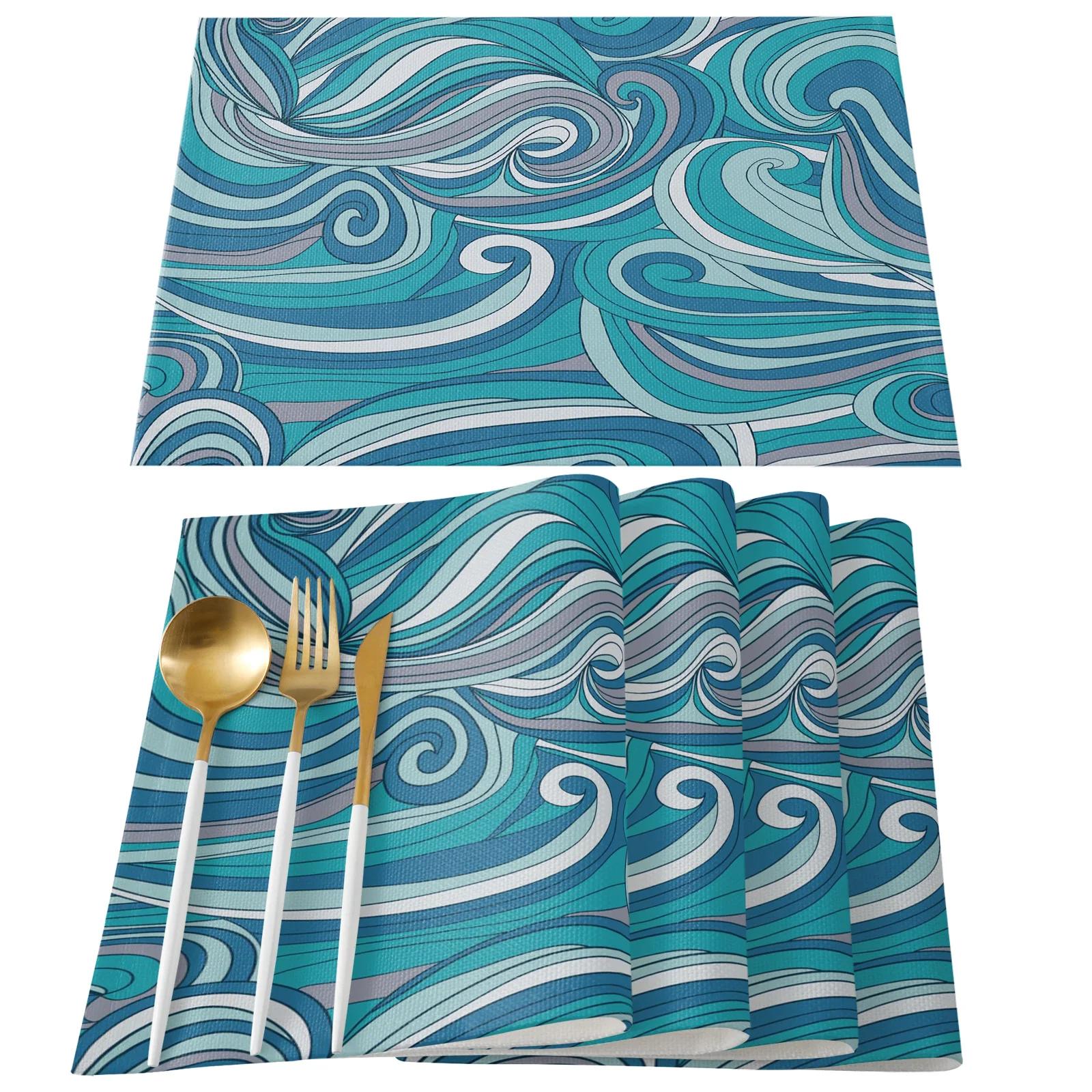 

Blue Waves Texture Lines Placemats Set of 2/4/6pcs Kitchen Coffee Accessories Coasters Home Dining Table Decor Linen Mats 2pcs 30x45cm