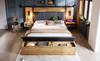Upholstered Bed 180x200, Reading Lamp, USB C Nightstand and Storage Bench, Slatted Frame Made of Metal, Wood and Linen, Oak (Without Mattress)