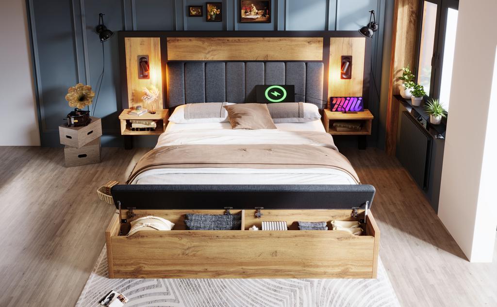 Upholstered Bed 180x200, Reading Lamp, USB C Nightstand and Storage Bench, Slatted Frame Made of Metal, Wood and Linen, Oak (Without Mattress)