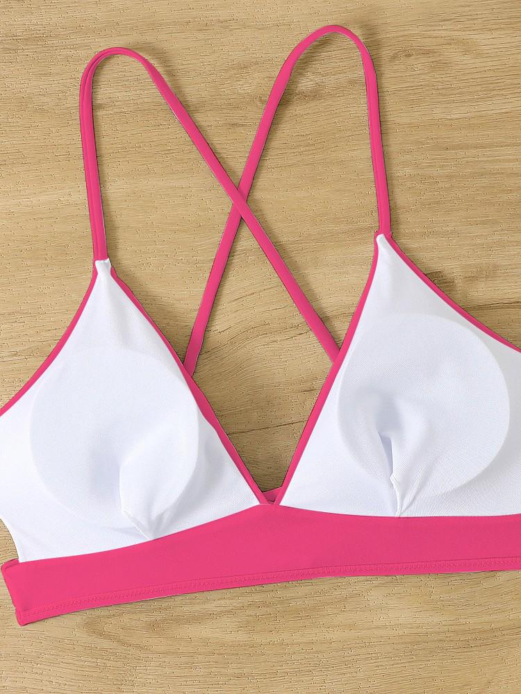 Black and Pink Cross-Back Bikini Top - Sexy Sport Camisole with Tie Straps