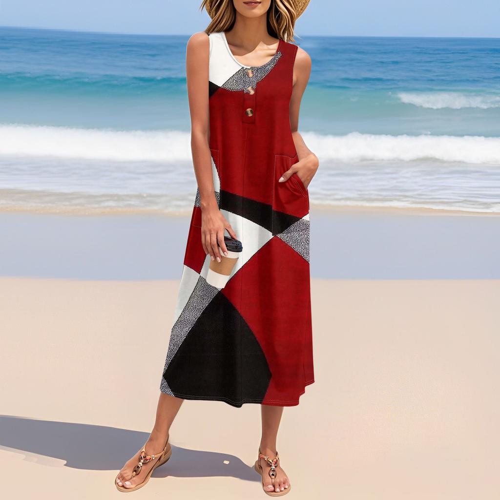 Women's Summer Vintage Color-block Patchwork Print Dress Sleeveless Button Down Casual Loose Long Beach Sundress