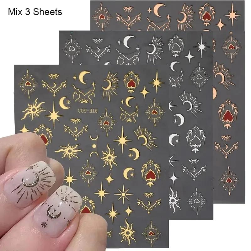 

3 Sheets 3D Stickers for Nails Gold Sliver Rose Gold Laser Butterfly Moon Sun Adhesive Sliders DIY Nail Art Decals Accessories