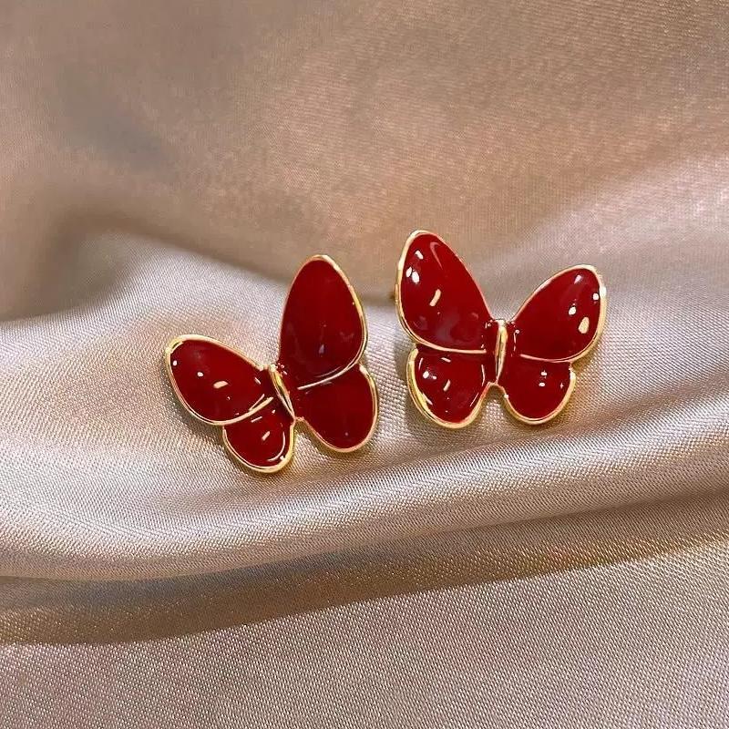 Red Ribbon Bow-knot Vintage Stud Earrings For Women Korean Fashion Autumn Winter Simple Bow Red Stud Earrings Geometric Earring