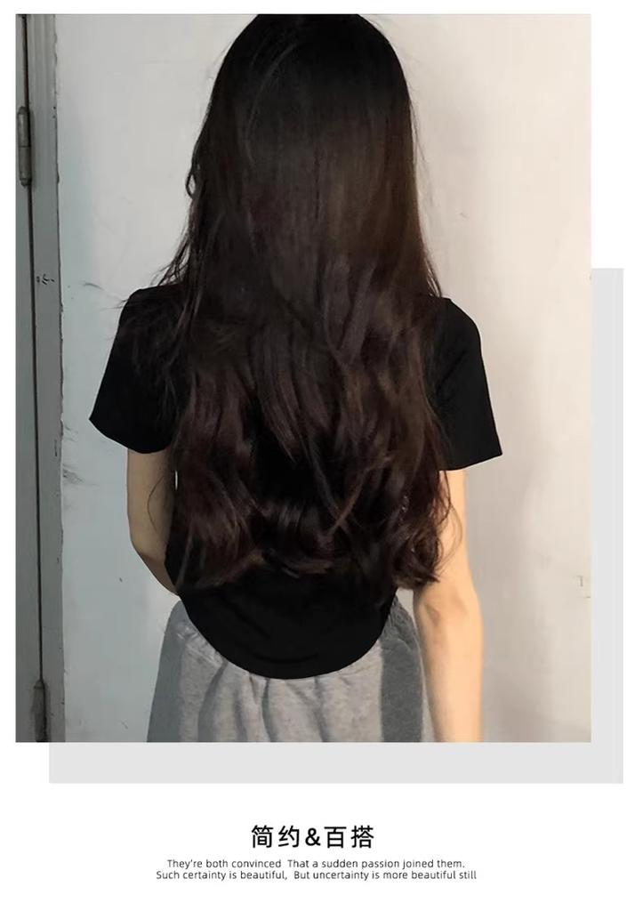 Threaded square neck curved hem short sleeved T-shirt, unique and tight fit, low neck, front shoulder, inner bottom top, JS