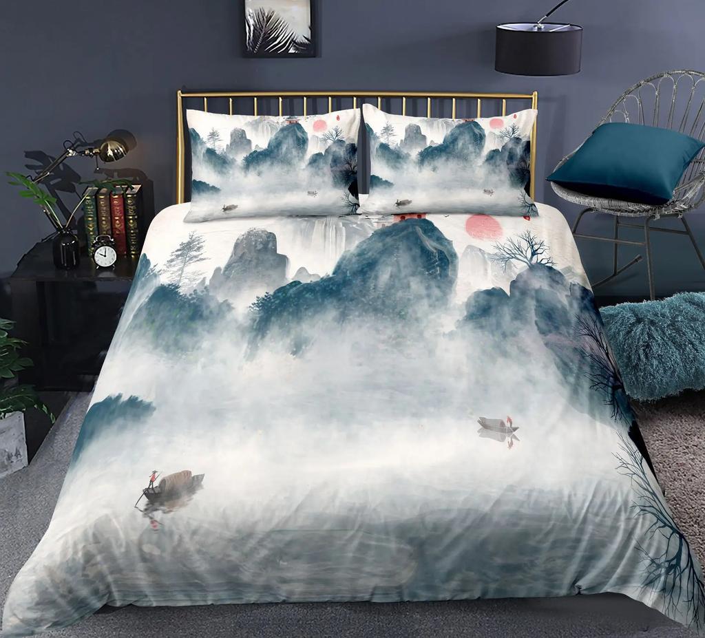 Landscape Duvet Cover King Size Double Bed Chinese Traditional Culture Ink Painting Bedding Set Home Decoration 3 Piece Set