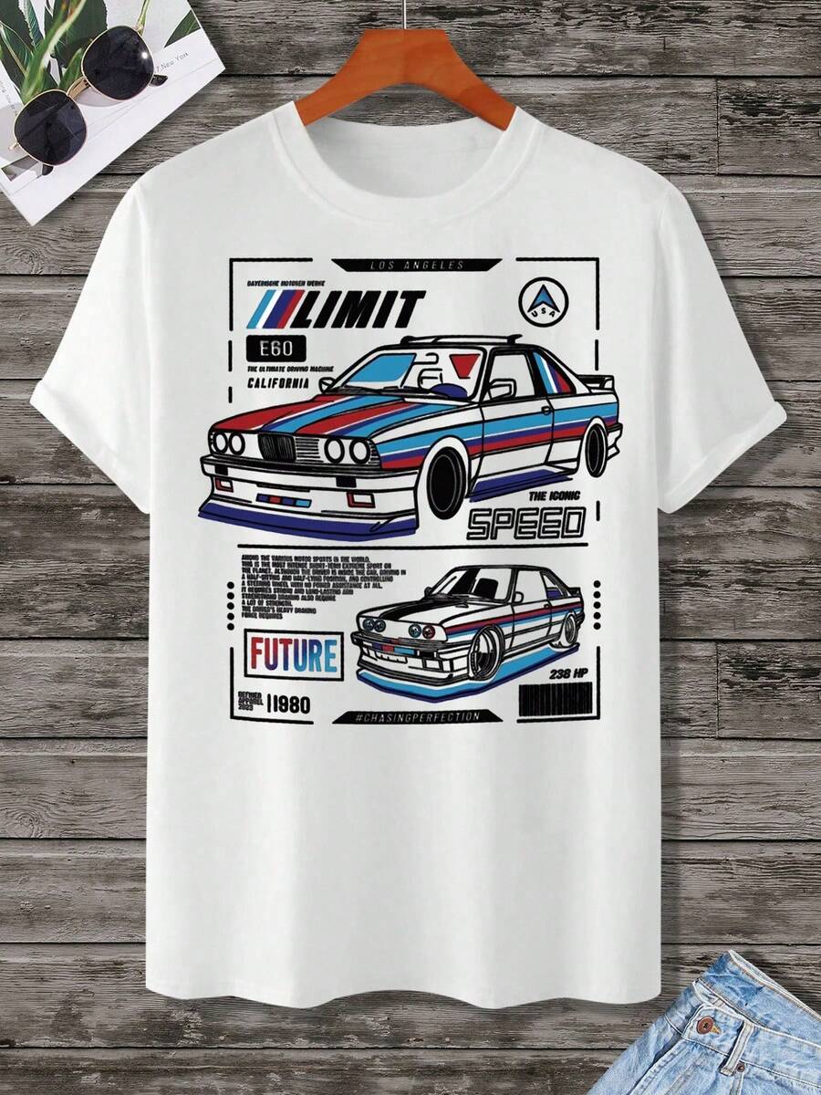 

Унисекс Футболка с коротким рукавом Белая с принтом автомобиля BMW E30 M3 и текстом Limit Speed Future L