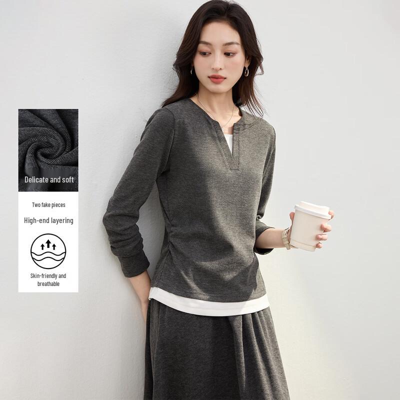 Women s Faux Two-Piece Slimming Long-Sleeve T-Shirt S