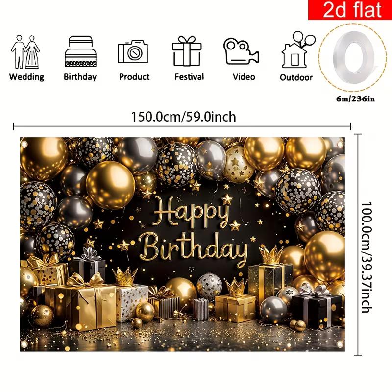 2D Black Gold Happy Birthday Backdrop, Balloon & Gift Party Background