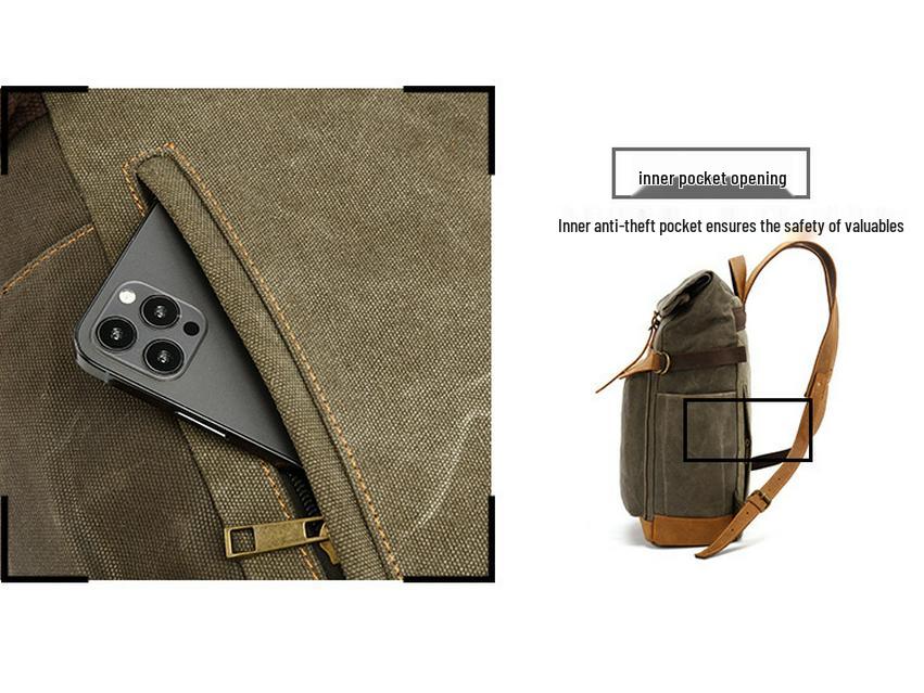 Men's Crazy Horse Leather Travel Backpack and Shoulder Bag with Waxed Canvas Laptop Compartment