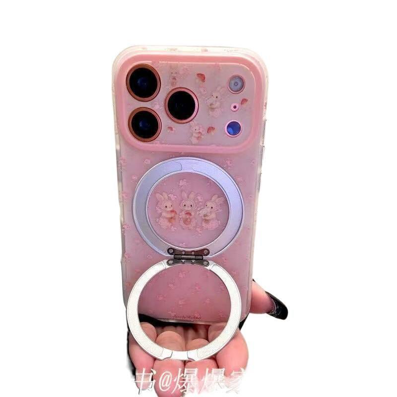 Applicable To Apple Iphone17promax Floral Rabbit 16pro Rotating Bracket 15 Girl 14ins Mobile Phone Case