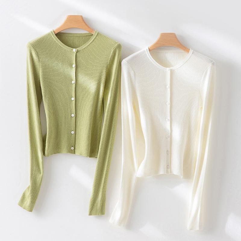 Skinny Round Neck Slim-fit Knitted Cardigan Women's Early Autumn Thin Thin Pit Strip Inner Bottoming Shirt Top