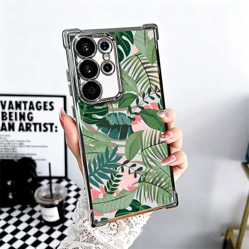 

Summer Plants Green Leaf Plating Phone Case For Samsung Galaxy S24 S25 FE S26 Edge S23 Ultra S22 S21 Plus S20 Anti-Fall Airabag Samsung S22