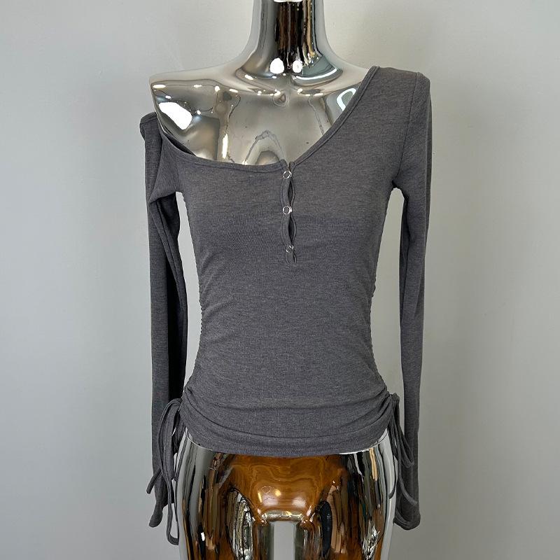 

Korean Dongdaemun Sweet & Spicy Figure-Flattering Semi-Open Neck See-Through Shoulder T-Shirt One Size темно-серого