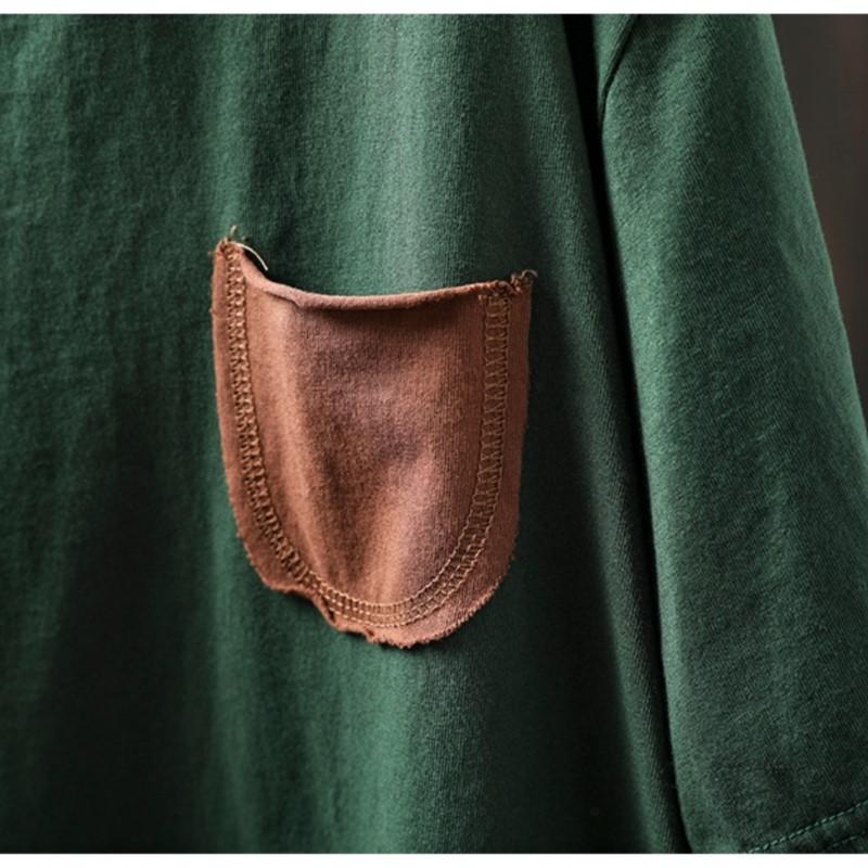 Johnature Women Vintage T-Shirts O-Neck Short Sleeve Soft Summer Patchwork Pockets Casual T-shirts Female