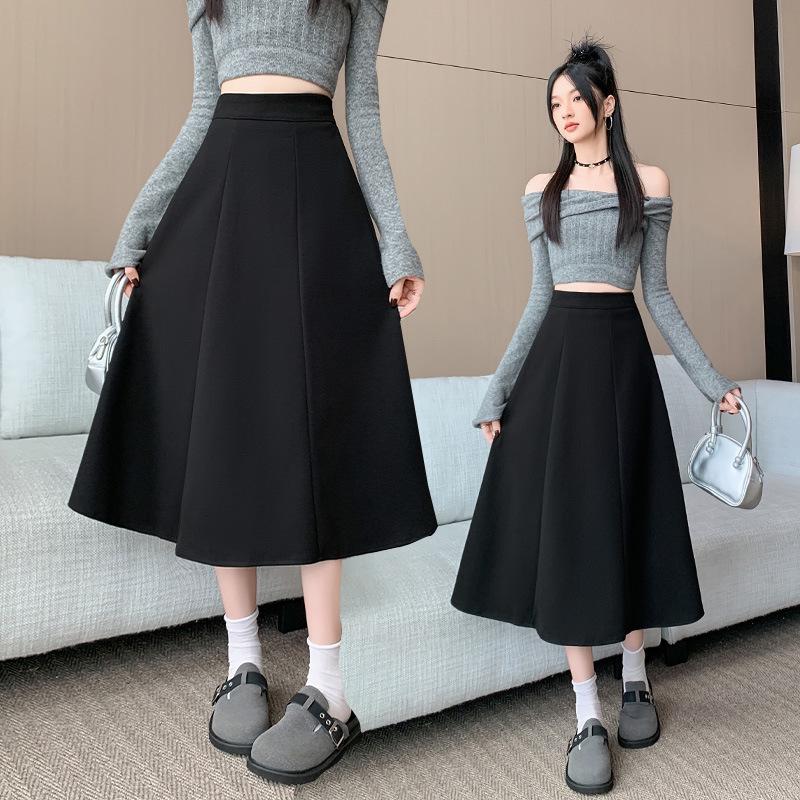 Plus Size Women's Korean Style Woolen Flare Skirt - High Waist A-line for Autumn/Winter