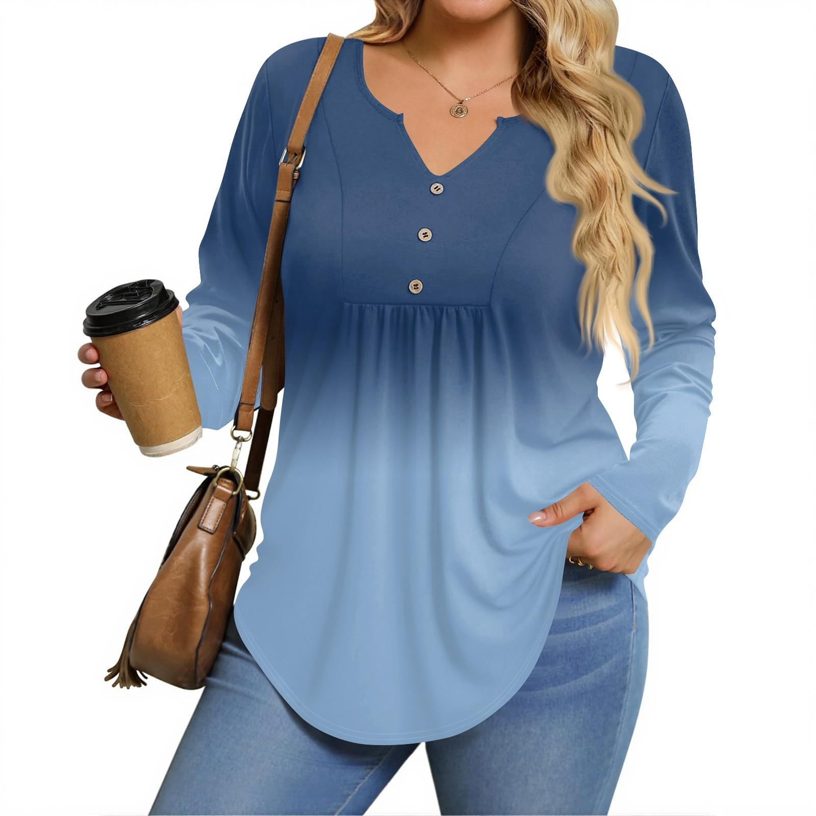 

Womens Plus Size Long Sleeve Shirts V Neck Tunic Tops Basic Loose Fit Tee Tops L синій