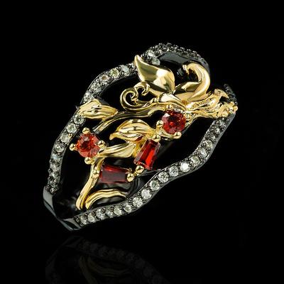 Heiße europäische und amerikanische Palast-Edelsteinringe Zweifarbig Schwarzgold Retro Floralring Damenschmuck