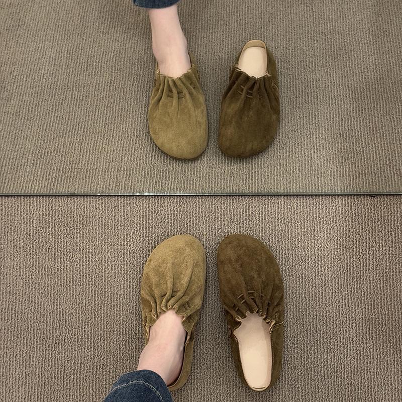 2025 Baotou Half Slippers Women's Summer New Flat-bottomed Pleated Lazy Cool Slippers Versatile Casual Muller Shoes