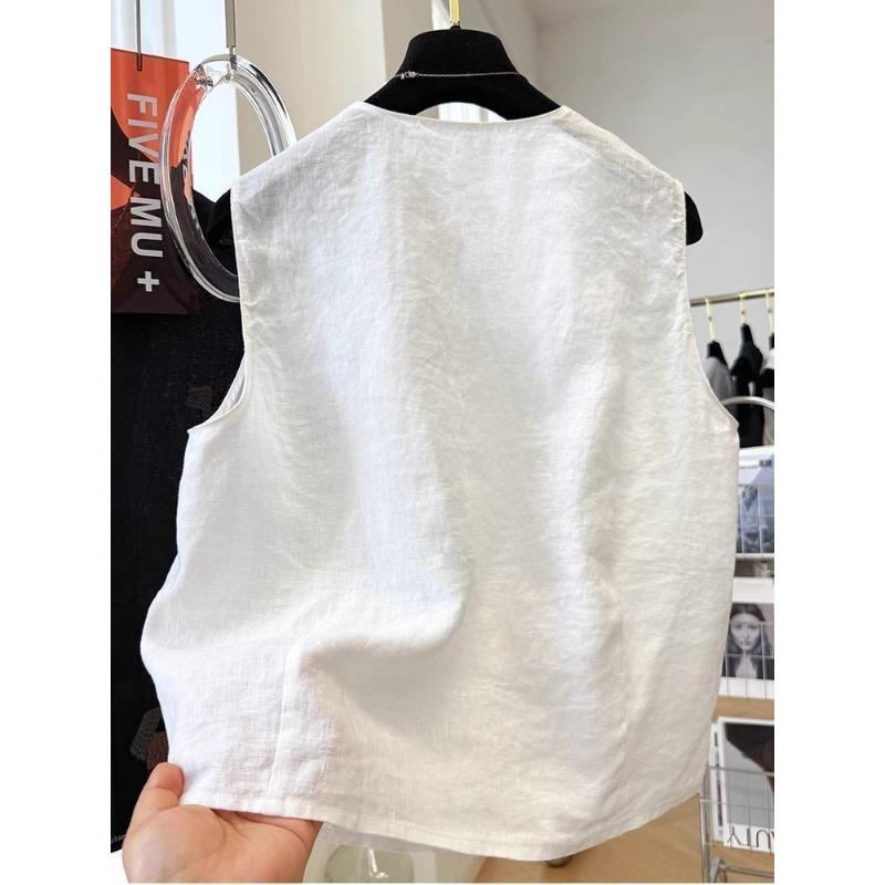 Women Cartoon Character And Animal Embroidered V Neck Button Front Linen Blend Sleeveless Vest