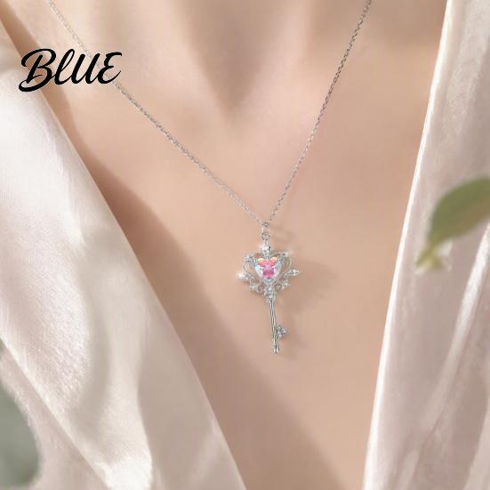 Versatile Alloy Chain for Women Magic Key Pendant Necklace Pink Cubic Zirconia Heart Necklace Rhinestone Sweet Fairy Jewelry Girls Everyday