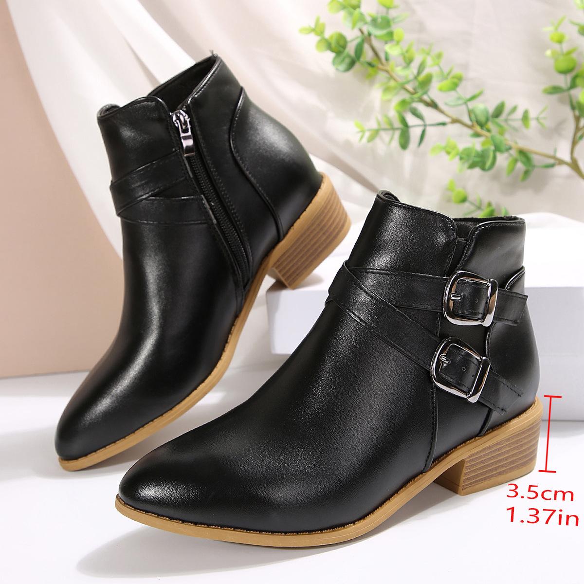 

Foreign trade Roman retro short leather boots women s 2025 new large size thick heel pointed and bare boots belt buckle women s boots 43 чёрный