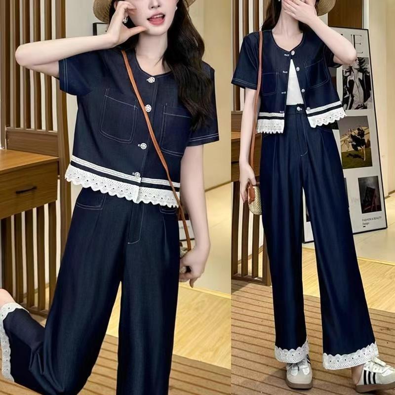 

Women s Korean Lace Patchwork High-Waisted Wide-Leg Jeans, Petite Plus Size, Stylish Summer 2026 XL [115-125 lbs]
