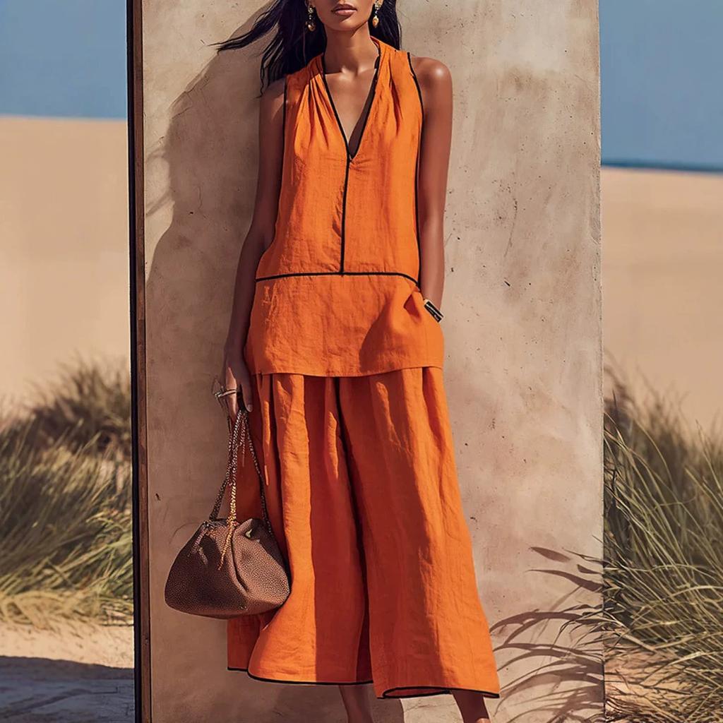 2026 European and American Cross-border Summer Neck V-neck Sleeveless Top Wide-leg Pants Vacation Wind Contrasting Color Edge Loose Suit