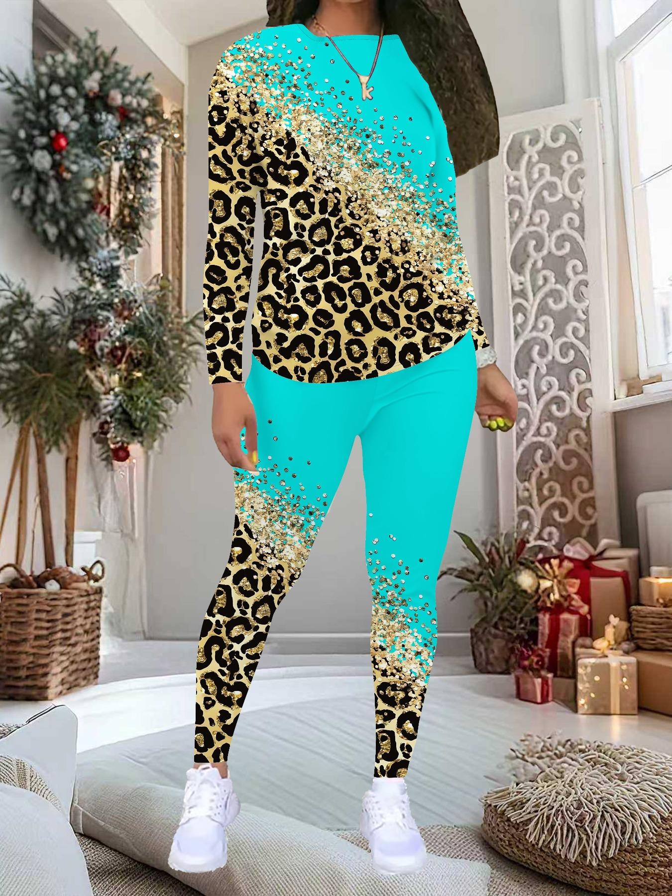 

Женский костюм-двойка с леопардовым принтом: Топ с длинным рукавом и круглым вырезом и брюки, праздничный лимитированный повседневный костюм для вечеринки в подарок XXL синий