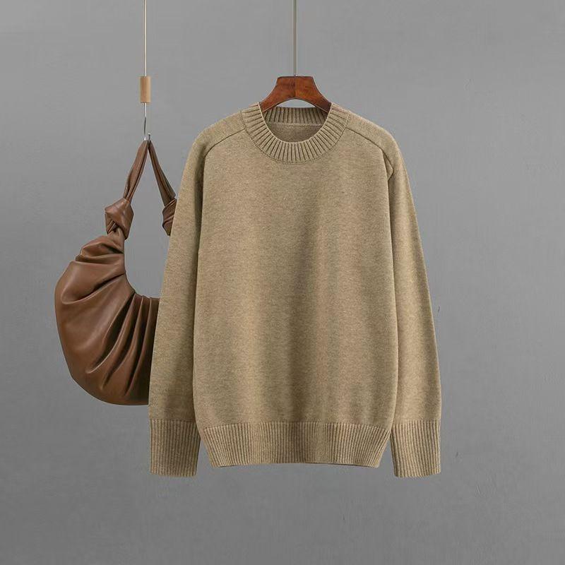 

Fashion Style Fall and Winter New Fashion Casual Pure Color Loose round Neck Knitting Sweater Loose Knit Sweater Khaki One size