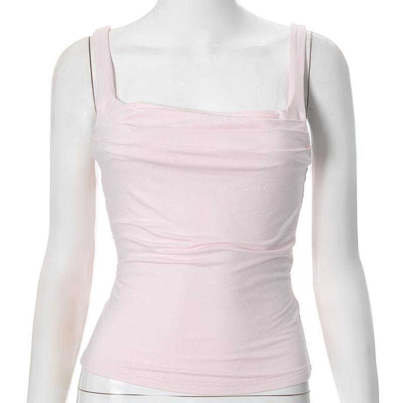 

GMXIA Женская весенняя облегающая однотонная майка-топ с плиссировкой и халтером M светло-розовый