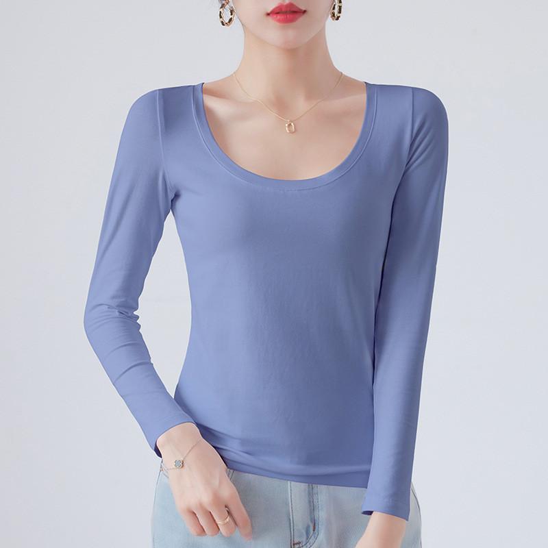 Cotton Crew Neck Slim Fit Long Sleeve Tshirt With Solid Color For Casual Wear