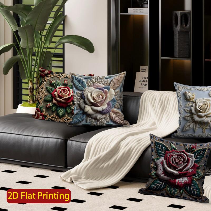 2D Vintage Embossed Rose Floral Throw Pillow Covers Pattern Cushion Cover Suitable For Sofa Bedroom Car Pillow Cover