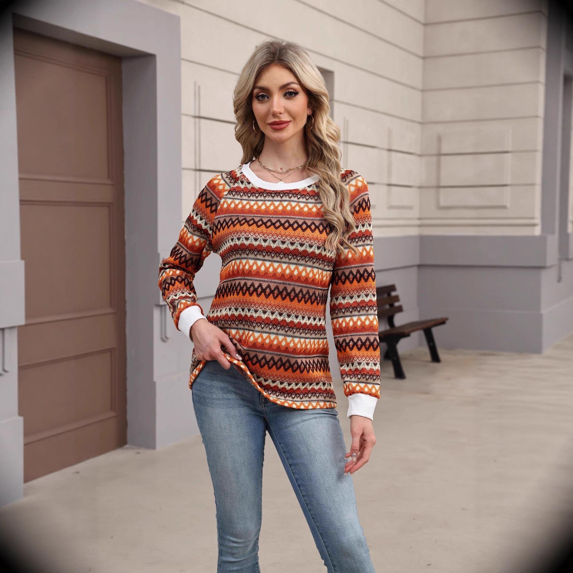 

Новый осенне-зимний топ с круглым вырезом, контрастной расцветкой, длинными рукавами и волнистым цветочным узором для женщин S