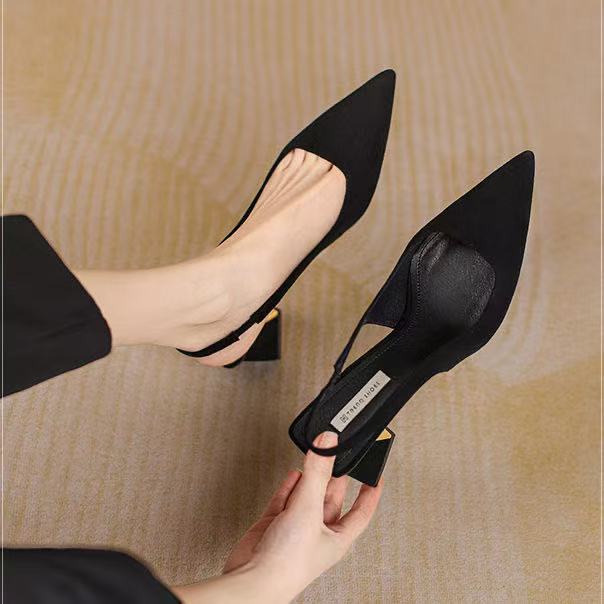 Baotou sandals summer suede shoes high heels sandals pointed back strap black new middle heel single shoes light mouth fashion