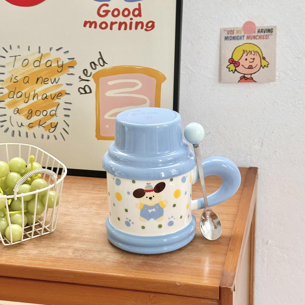 Cute Polka Dot Puppy Couple Water Cup High Value Ceramic Mug with Lid for Home Breakfast Coffee Cup