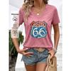 New Women's Fashionable Women's Clothing, Vintage Style, Highway 66 Positioning Print V-neck Short Sleeve