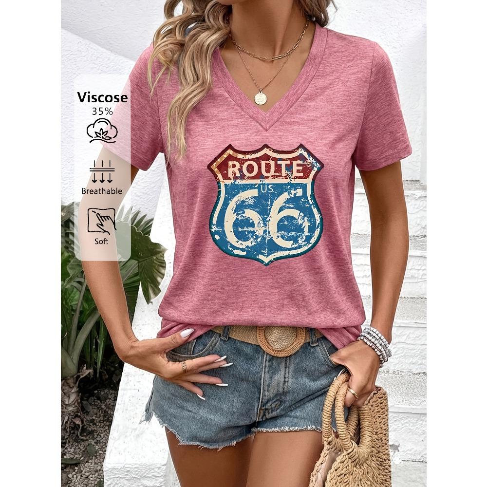 New Women's Fashionable Women's Clothing, Vintage Style, Highway 66 Positioning Print V-neck Short Sleeve