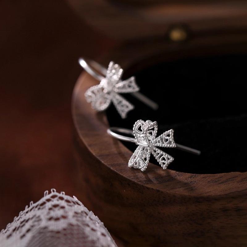 Real 925 Silver Lace Bowknot Stud Earrings For Women Party Classic Fine Jewelry Light Accessories