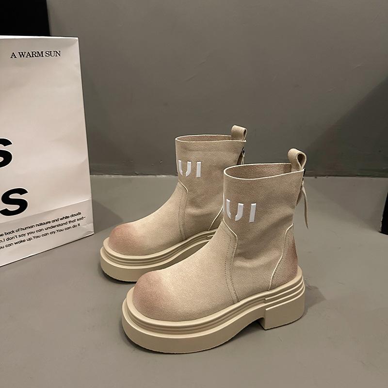 European Station Women's Boots 2025 Autumn New Leather Thick-soled Heightened and Thin Elastic Martin Boots Short Boots Women