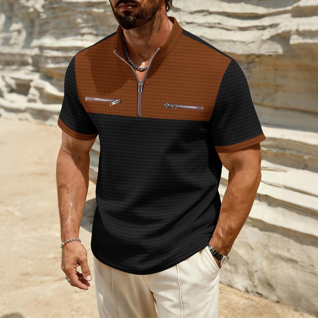 Men's Color Blocked Stand Up Collar 1/4 Zip Up Shirt  Men's Casual And Comfortable Short Sleeved Shirt