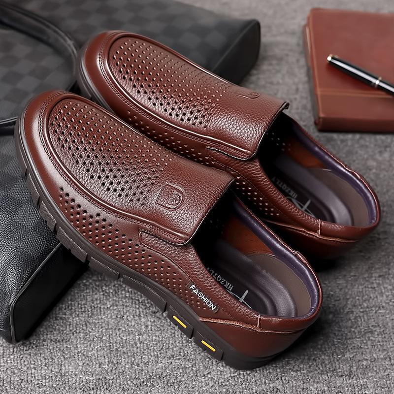Hy First Layer Cowhide Hollow Cool Leather Shoes Genuine Leather Casual Leather Sandals Men's Non-slip Dad Shoes Punched Breathable New Men's