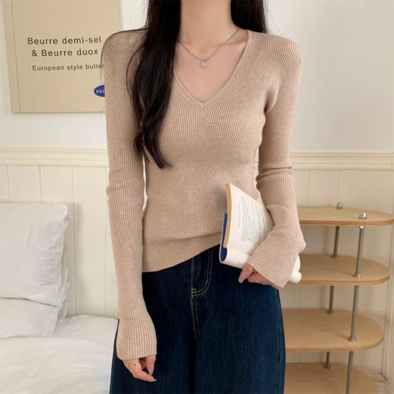 Autumn Winter V-neck Solid Color Knitting Pullover Top Women Casual Fashion Elastic All-match Slim Sweater