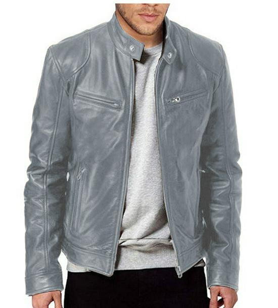 Men's European & American Stand-up Collar Punk Motorcycle Leather Jacket with Logo