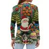 Women's Fashion Casual V-Neck Long Sleeve Decorative Button Christmas Print Top