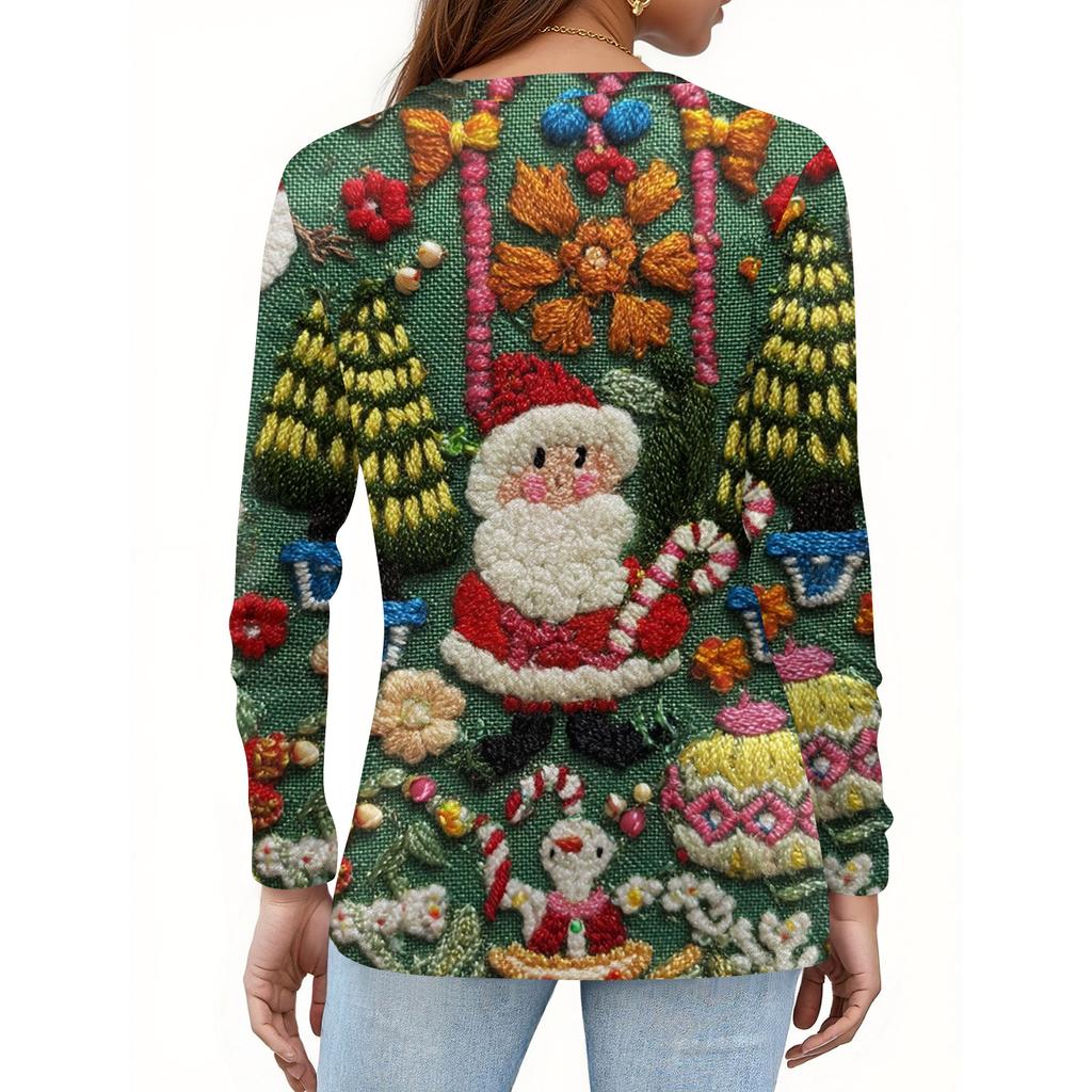 Women's Fashion Casual V-Neck Long Sleeve Decorative Button Christmas Print Top