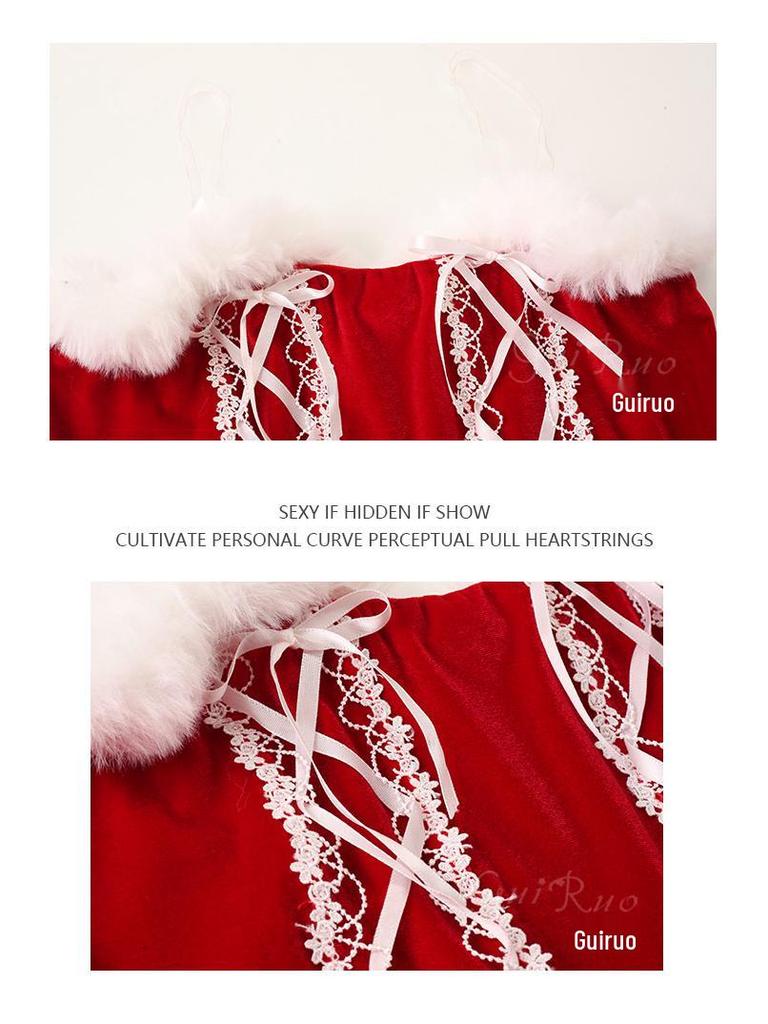 Velvet Patchwork Backless Christmas Princess Dress with Lace Cape Set