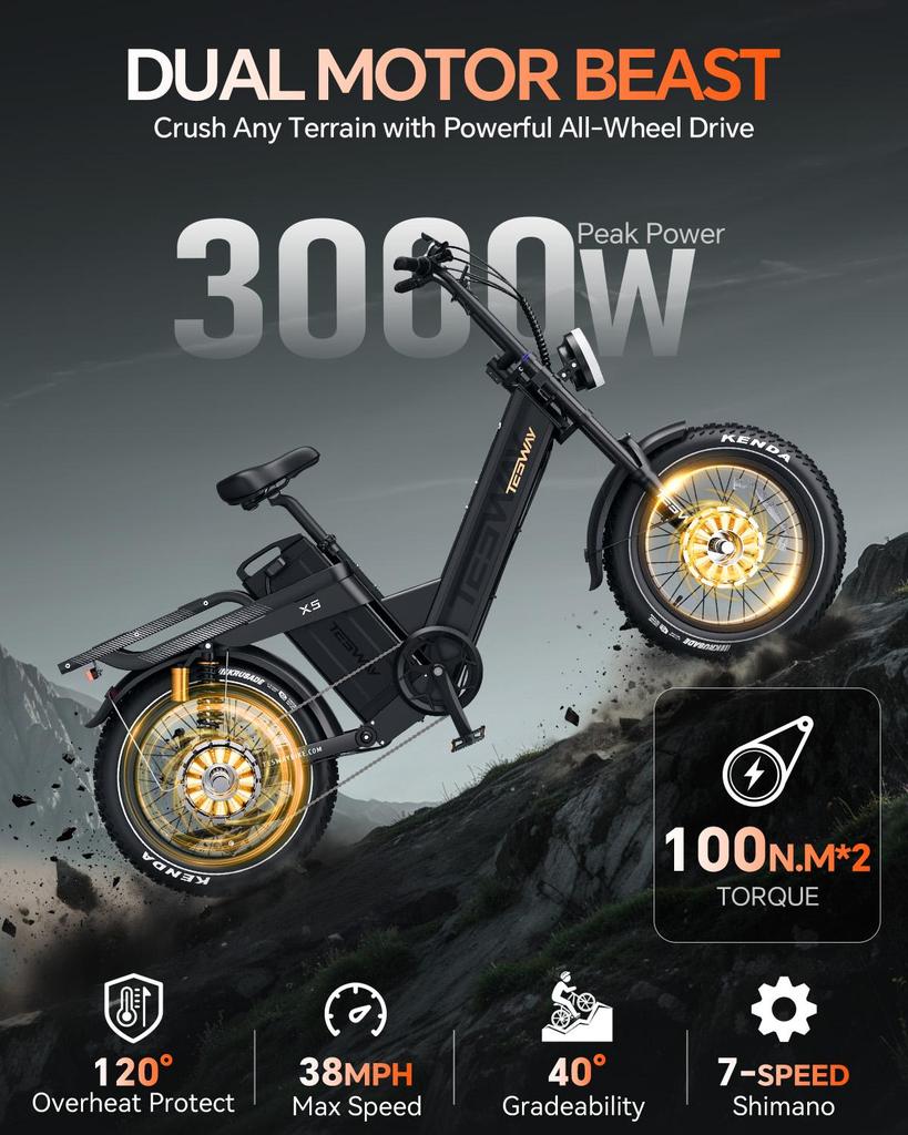 Tesway X5 AWD Electric Bike, Peak 3000W Dual Motor, 52V 60Ah Battery, Range 300km, 20*4.0'' Tires, 7 Speed, 8A Charger