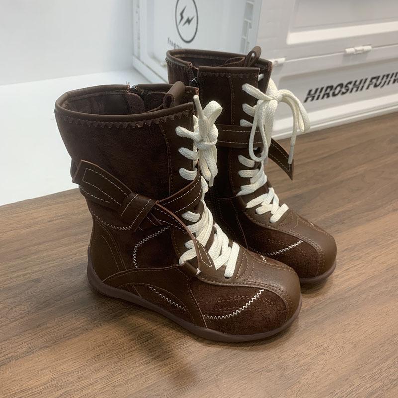 Korean version of girls' shoes retro casual Martin boots 2025 new little girl outdoor boots lace-up-free sports short boots