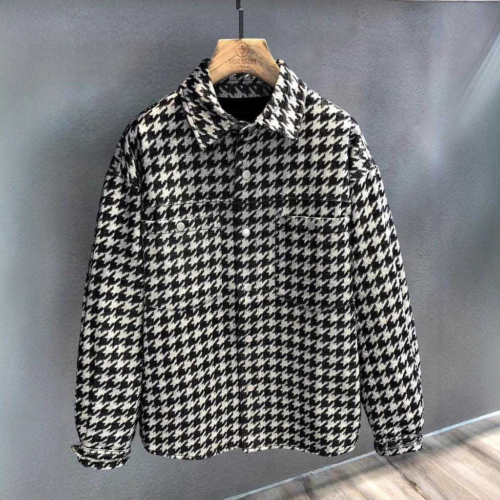Retro Houndstooth Shirt Jacket for Men's New Casual Lapel Jacket
