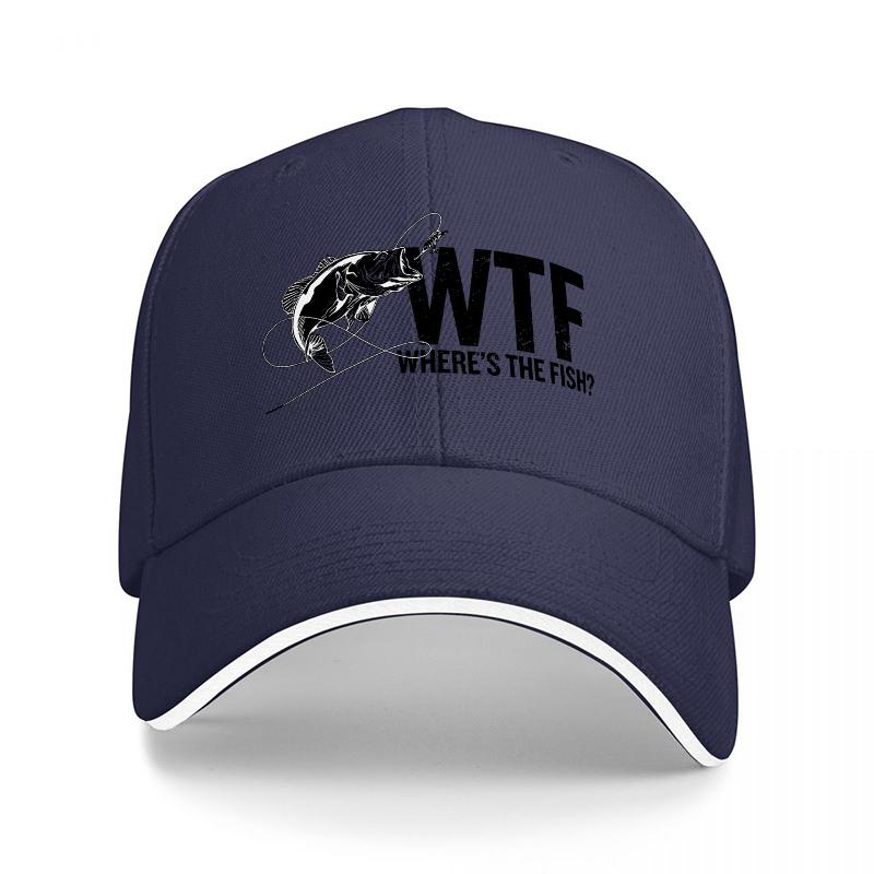 WTF WHERES THE FISH Black Baseball Cap with Fish Logo Design for Fishing Enthusiasts and Casual Wearers